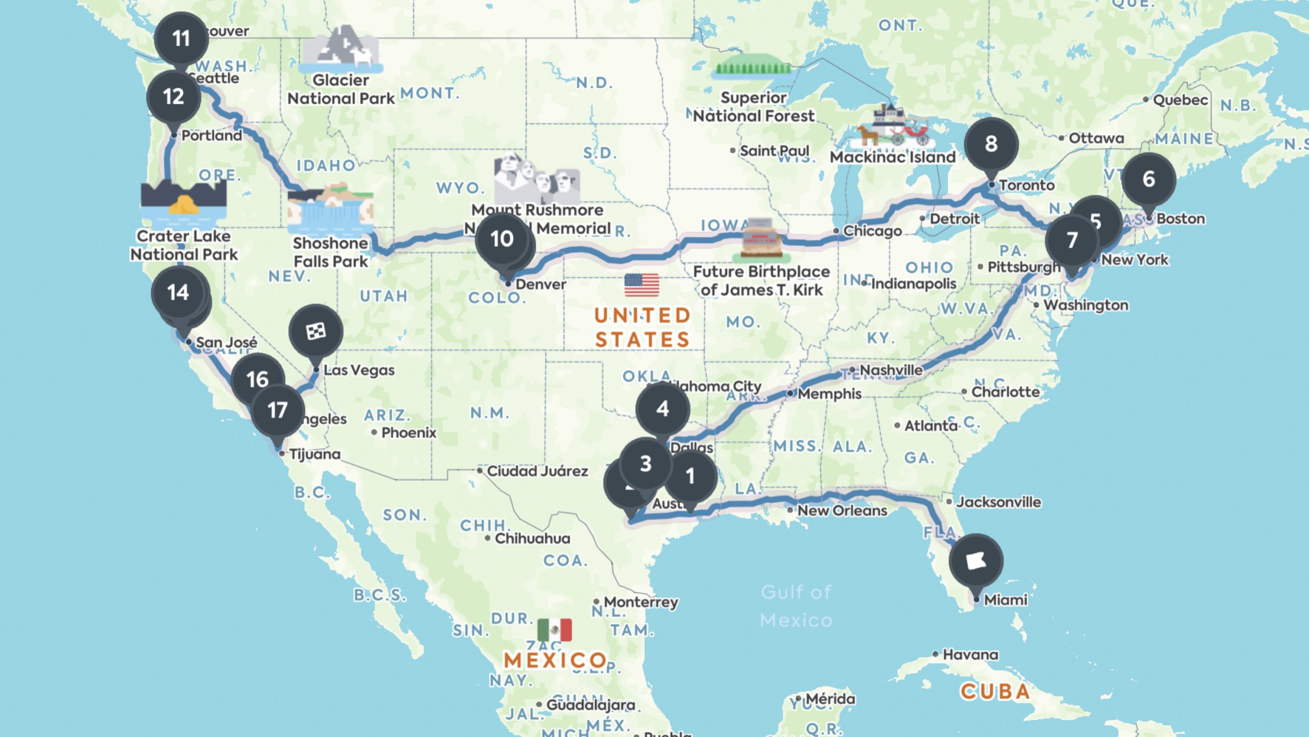 A map with the meetups route