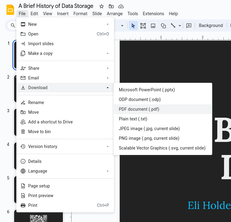 A Screenshot of Google Slides, showing how to export a presentation as a PDF. The menu pathway is "File -> Download -> PDF document (.pdf)".