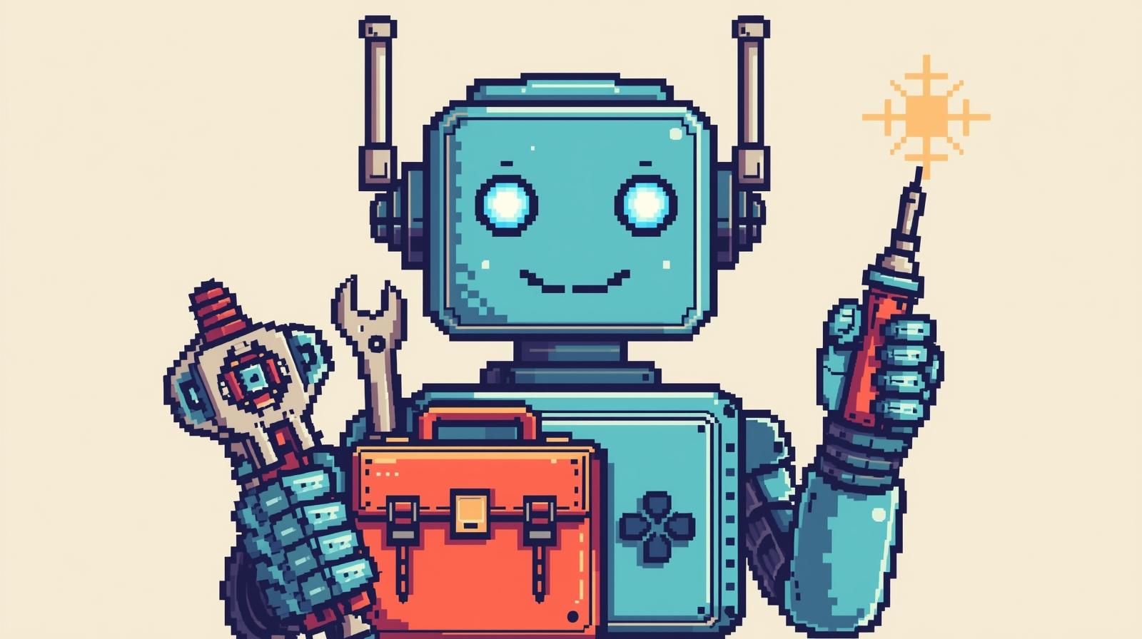 a pixel art of a friendly AI robot with a developer toolkit