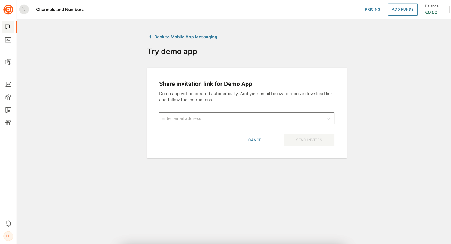 Try demo app mobile app messaging - send invites