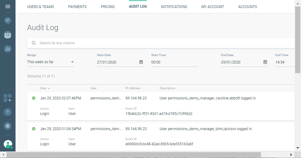 audit log on user interface