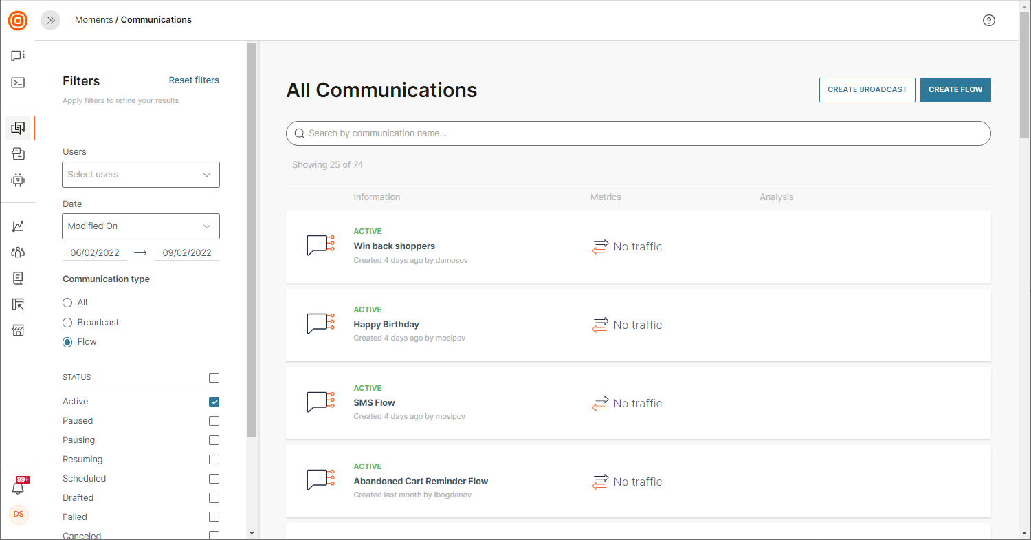 communication list in saas with statuses