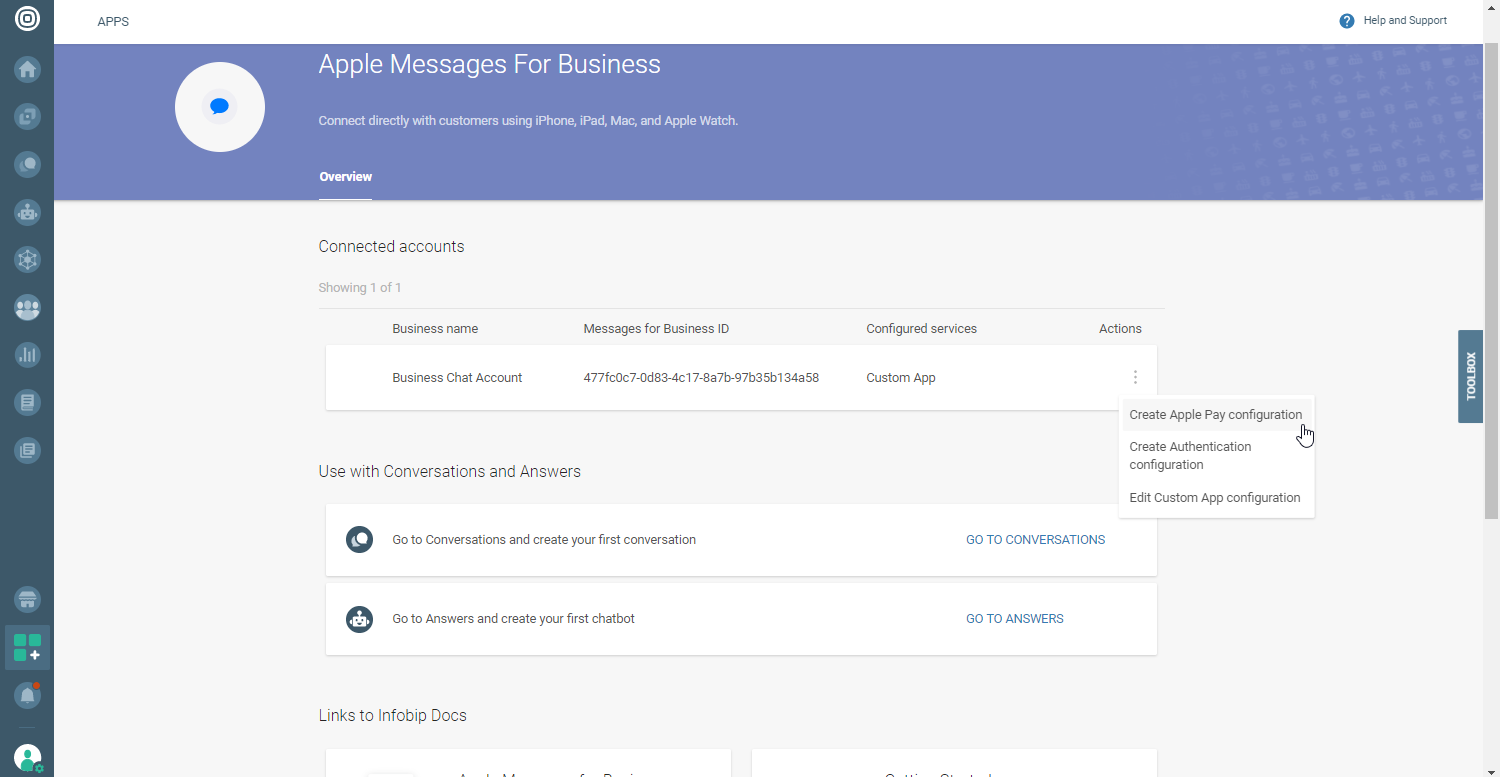 Conversations - Choose Apple Messages for Business action type