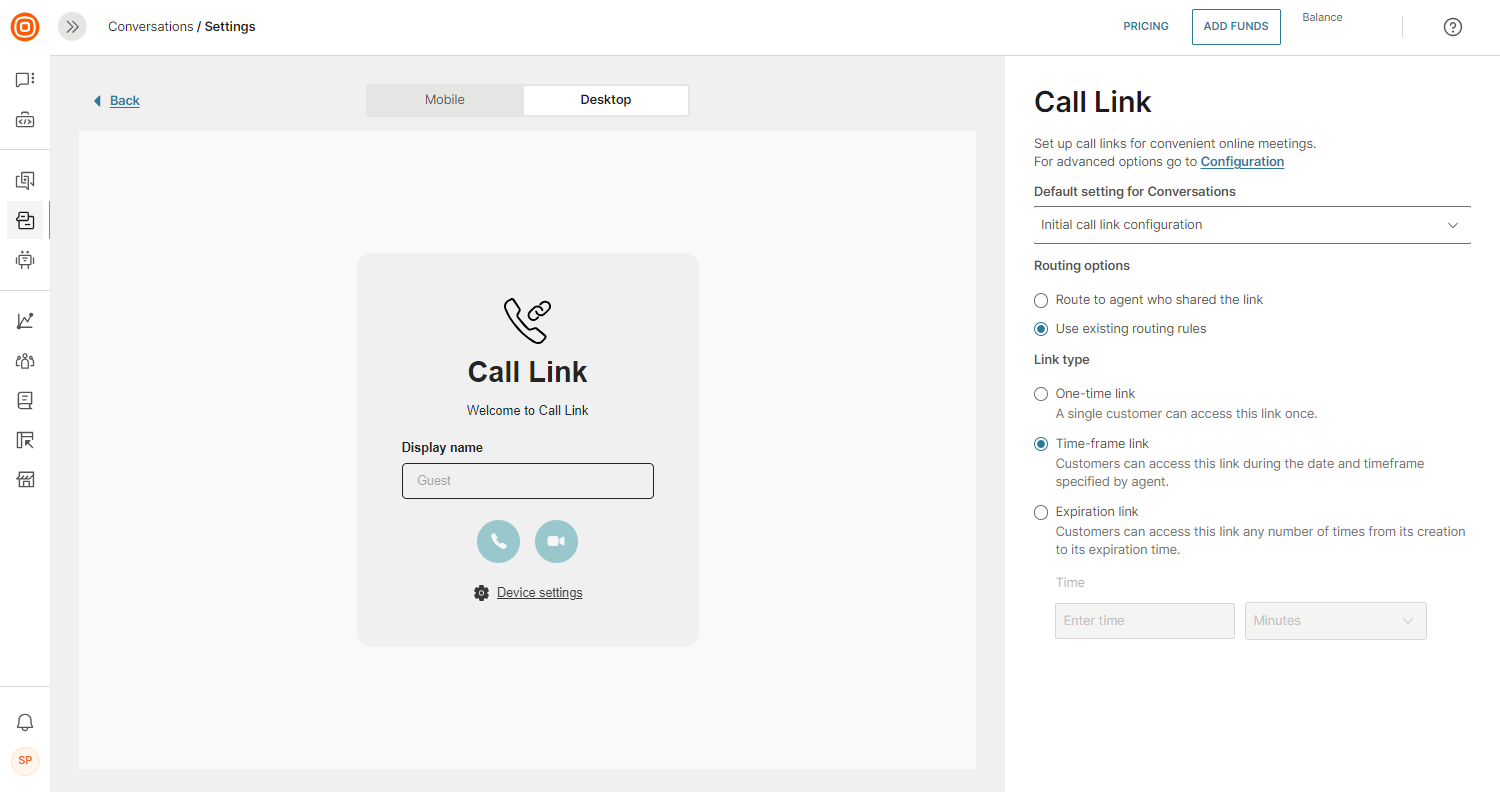 Calls - Call link configuration default