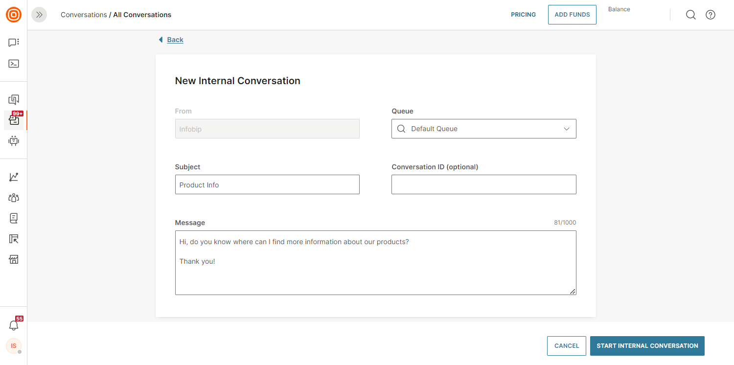 Conversations - Create internal conversation