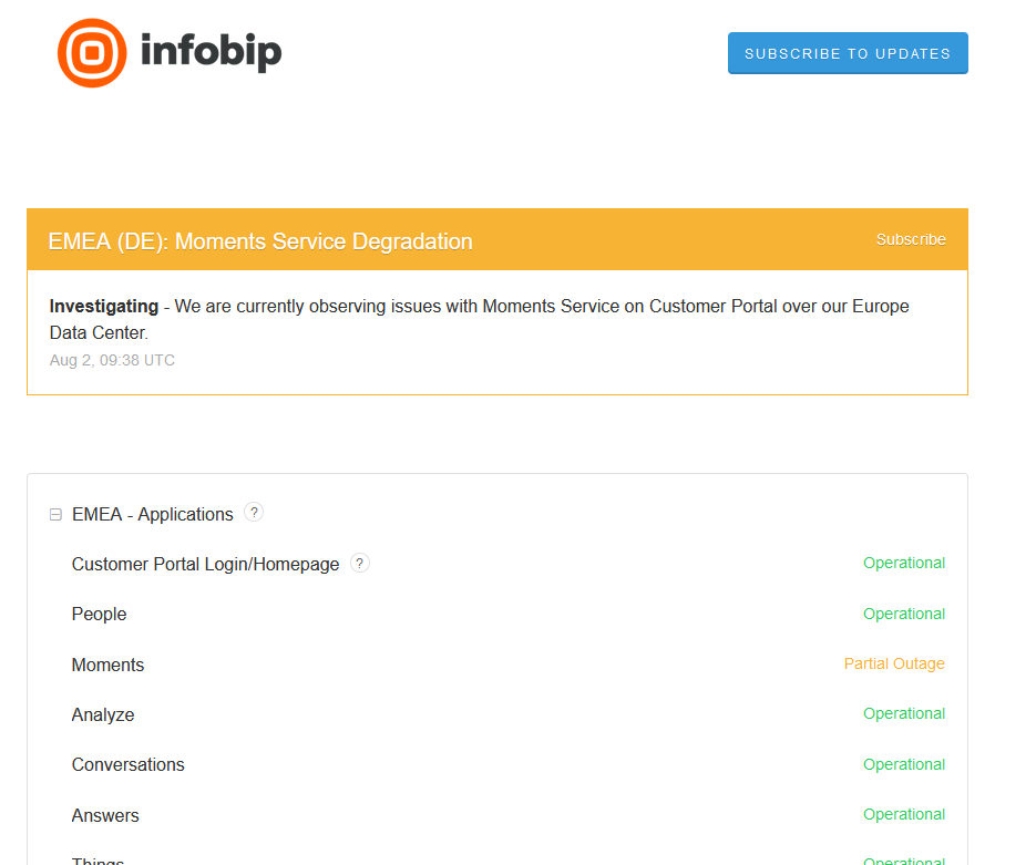 Displayed incidents on the Infobip status page