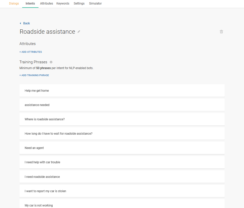 Intent training phrases for car assistant
