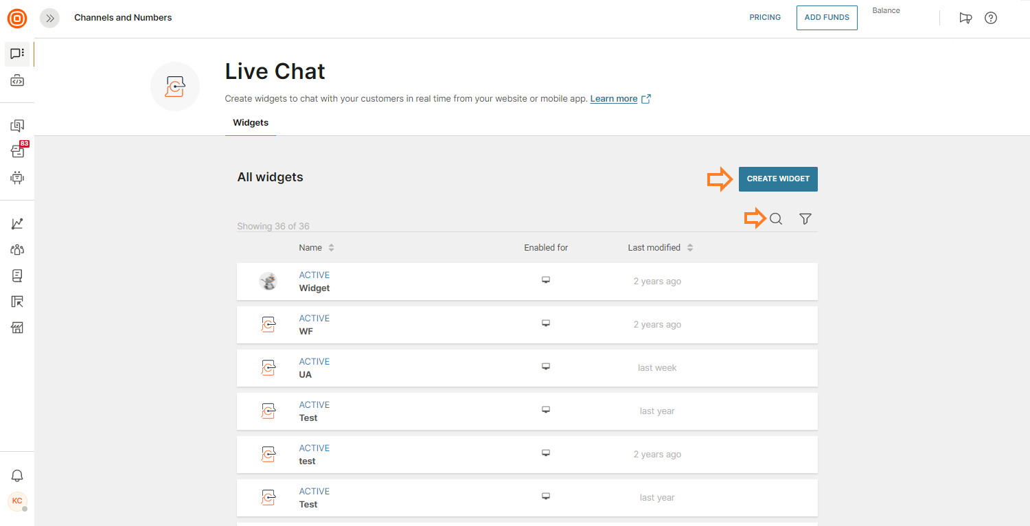Live Chat - Create widgets