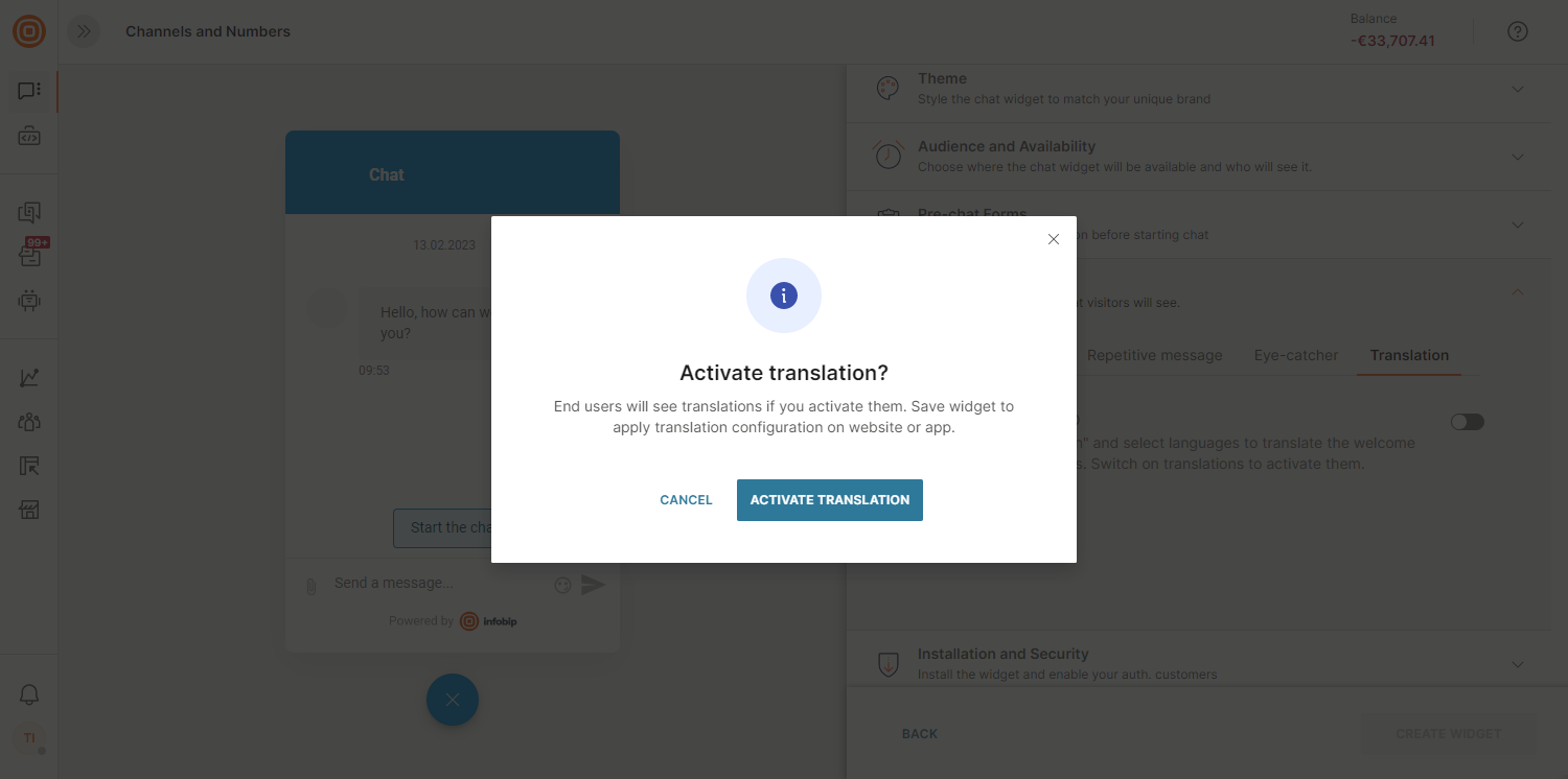 Live Chat - Activate translation modal