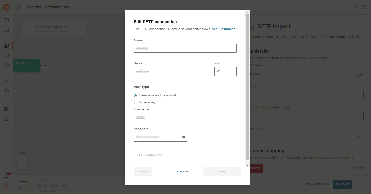 Moments Flow SFTP Import Entry Point Edit Connection