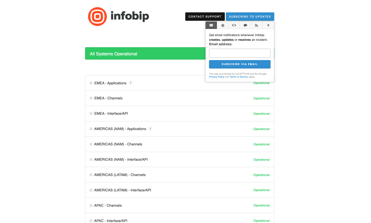 Subscribe to Infobip incident status page