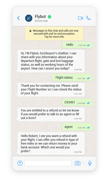 Phone simulation of conversation with Flybot and agent