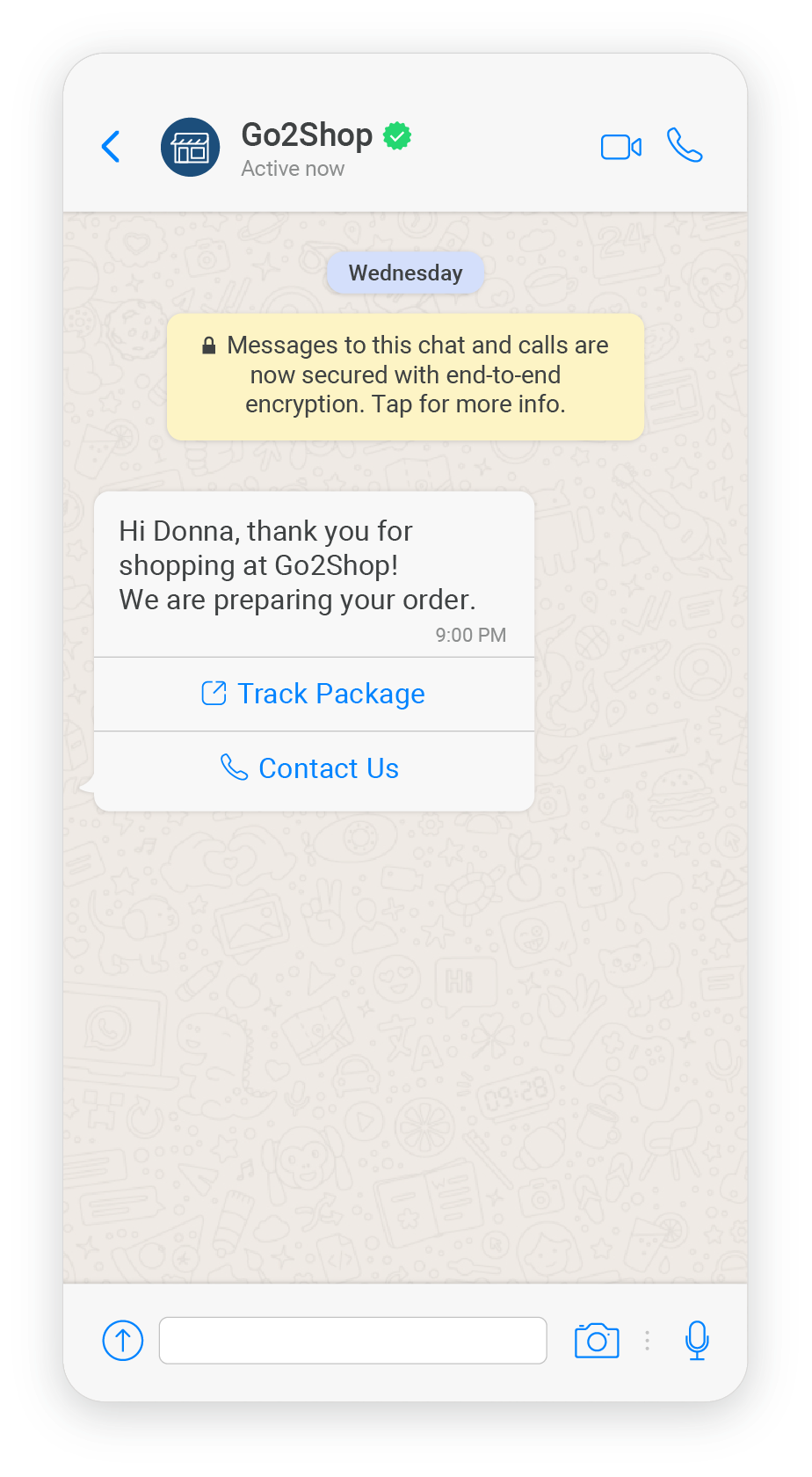 WhatsApp mockup message for tracking package