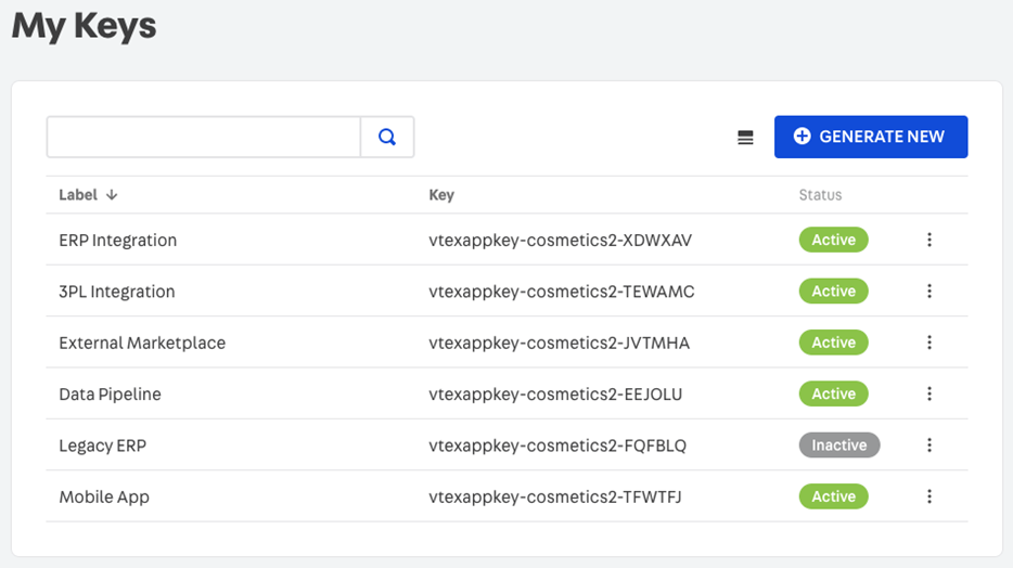 My Keys page showing app keys for VTEX
